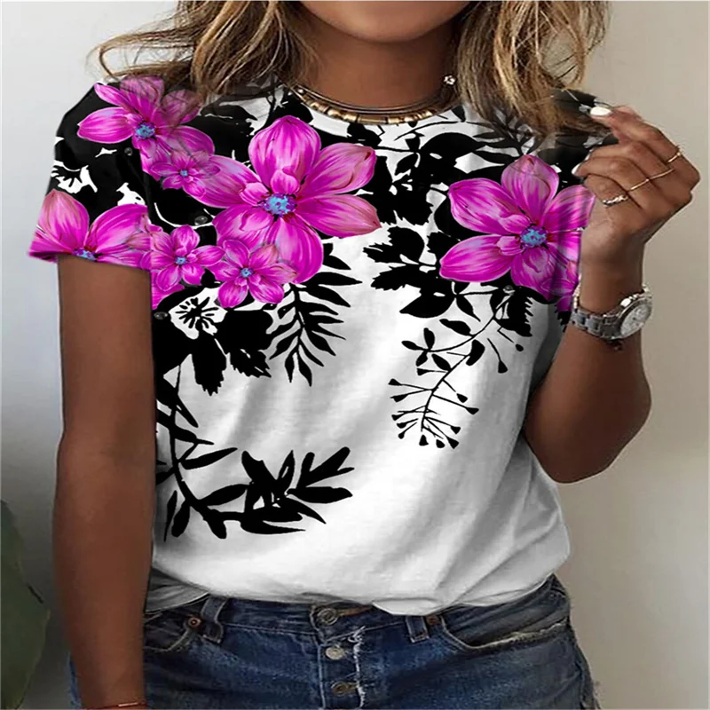 Fashion 3D Women\'s Flower T-shirt Fun Flower Pattern Short sleeved Girl T-shirt Summer Leisure O-neck T-shirt Women\'s Clothing