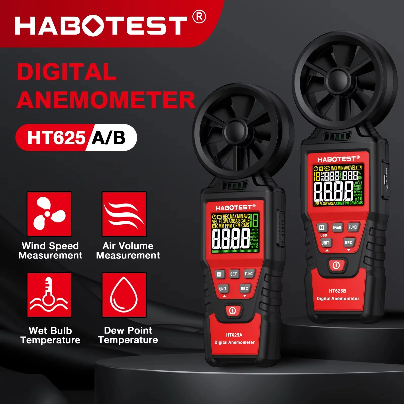 HABOTEST HT625 Anemometer Portable Wind Speed Meter Air Velocity Gauge Windmeter Digital Handheld Anemometer LCD Display