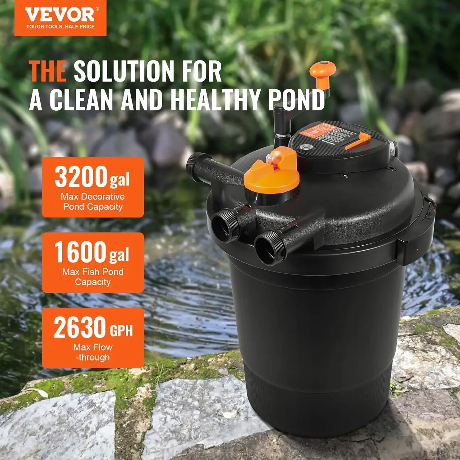 Bio Pressure Pond Filter, Up to 3200 Gallons, with 13W UV-C Light, 2630 GPH, Pressurized Biological Pond Filter System