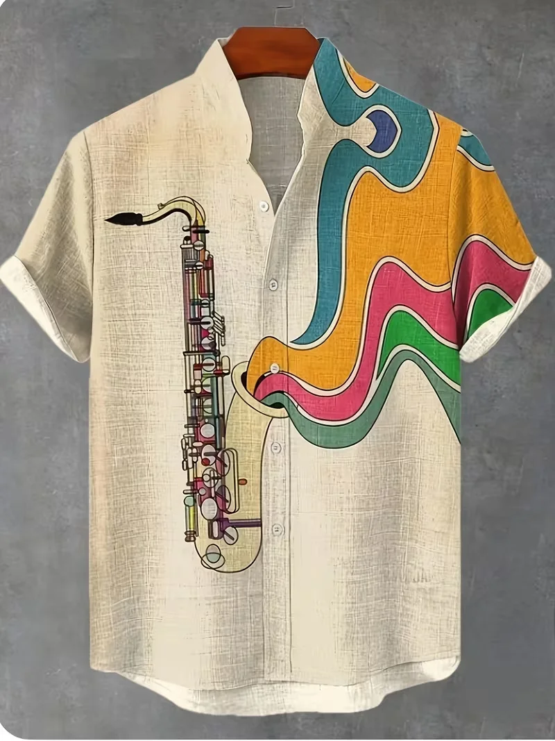 

Мужская новая удобная льняная рубашка с короткими рукавами и 3D грибным принтом, волнистый узор, топ с короткими рукавами на пуговицах