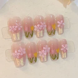 10pc Detachable Long Ballet Green False Nails with Camellia Butterfly Full Cover Press on Acrylic Nail Coffin Korean Style Nails