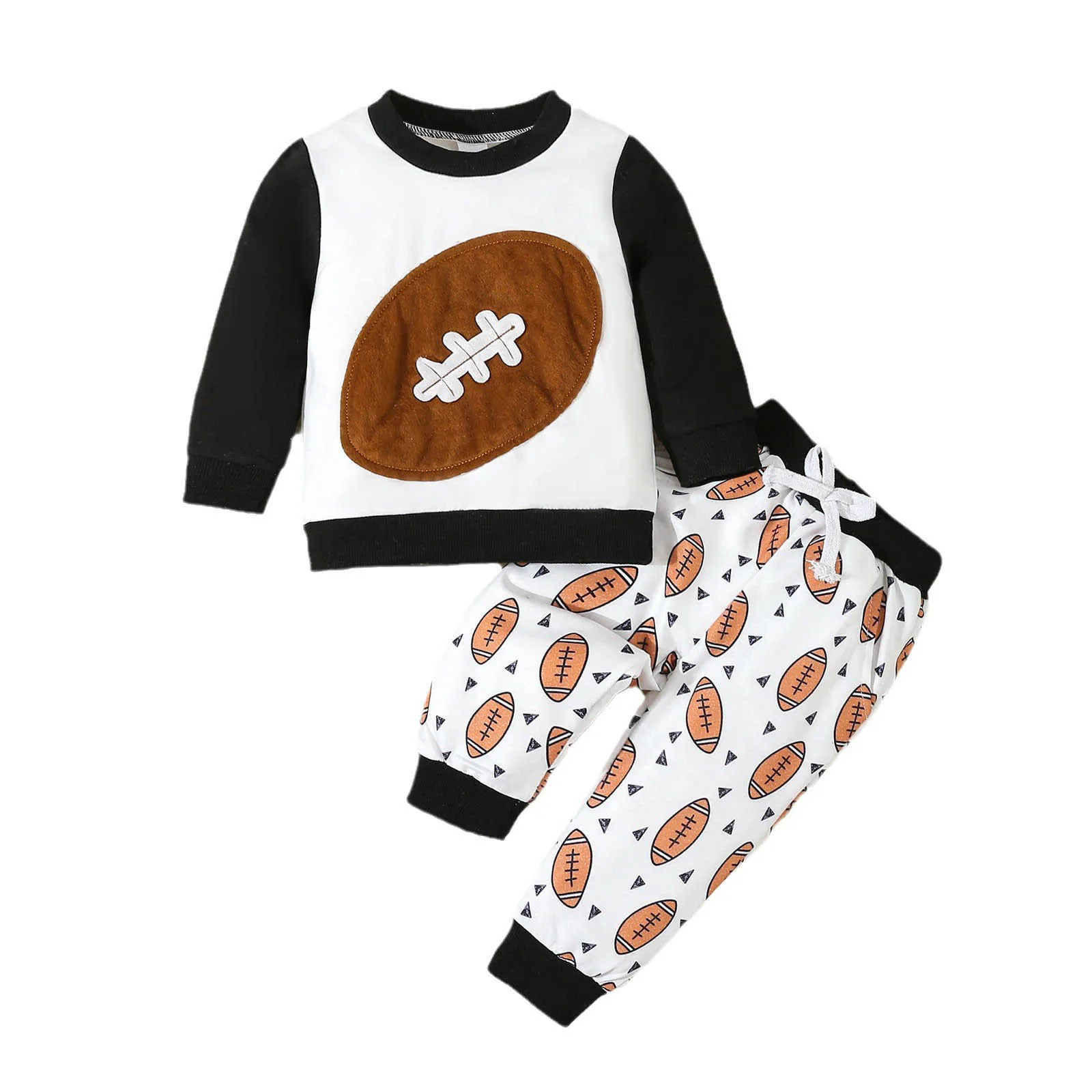 Newborn Boys Girls Color Blocking Sets Winter Autumn Clothes Rugby Print Long Sleeve Round Neck Sweatshirt And Pants 2 Pcs Set