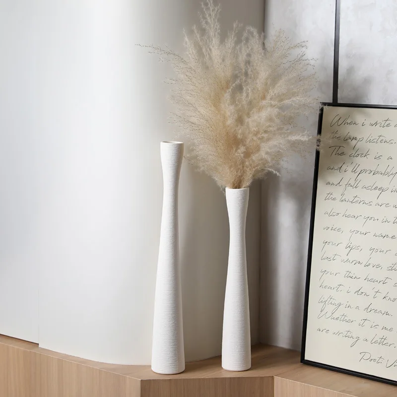 

Wabi-sabi Pure white ceramic vase hand strip vases artificial flower bottle artist home office hotel birthday mother's day gift