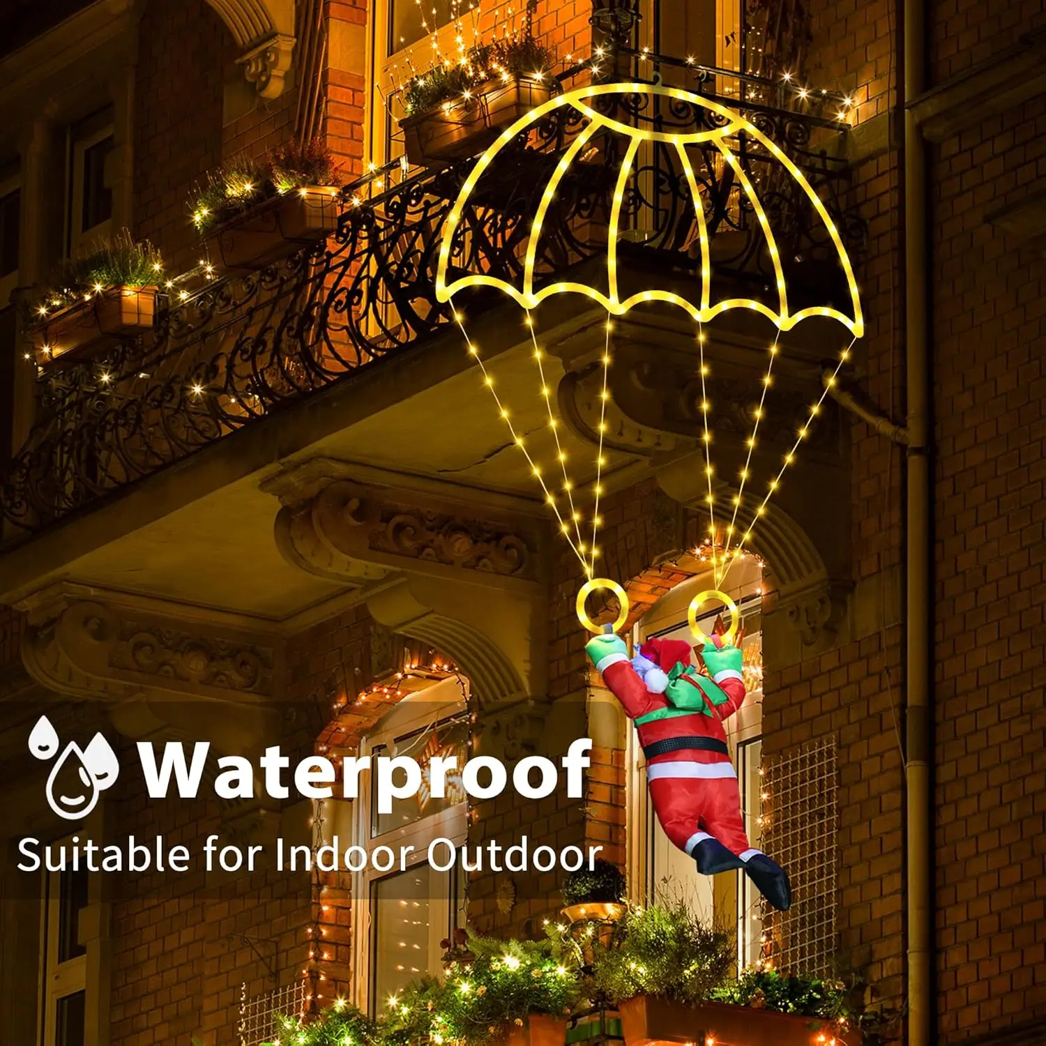 

Christmas Parachute Light with Santa Claus 8 Mode Hanging Xmas Lamp for Roof Eave Porch Balcony Fence Tree Home Room Decor Light