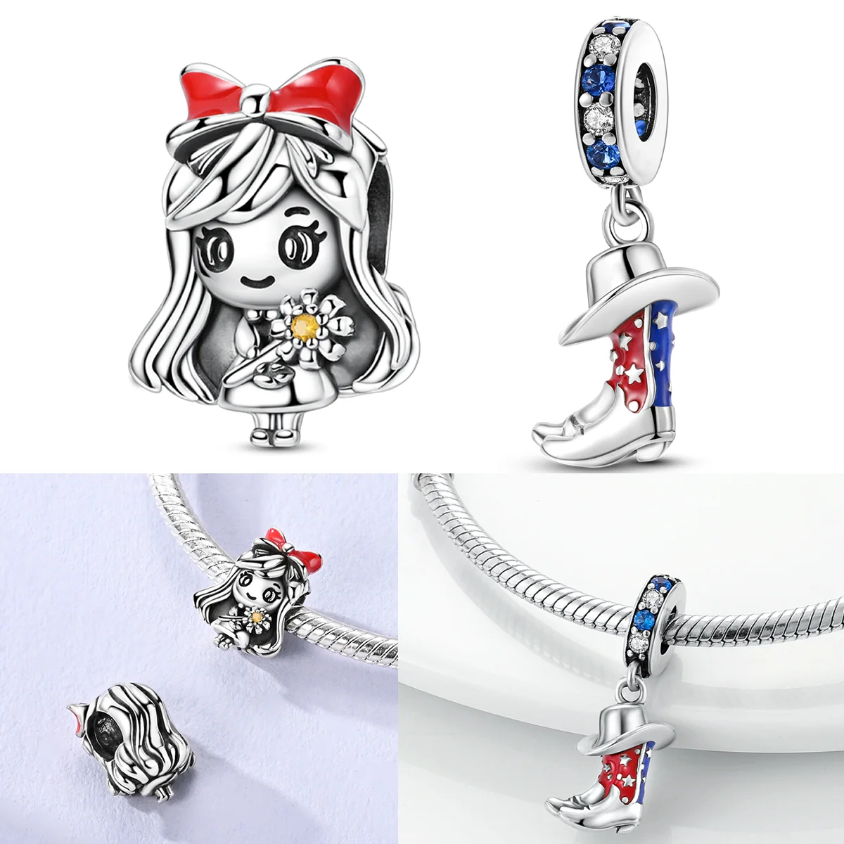 

925 Sterling Silver Cute Bow Girl Charms Bead CZ Zircon Cowboy Boots Dangle Fit Original Bracelet DIY Women Jewelry