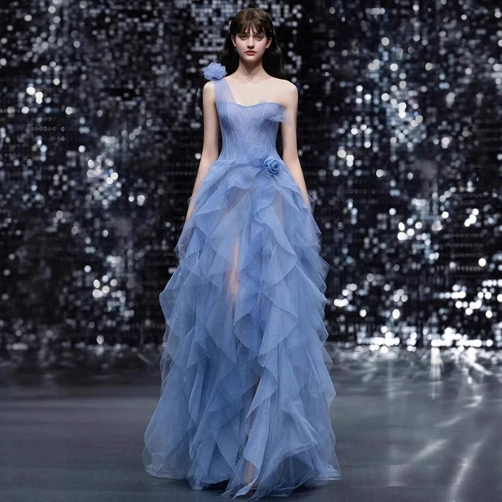 

Blue 2025 New Elegant Evening Dress For Women Strapless One-shoulder Lace Tiered With Flower Appliques Prom Dress Vestidos