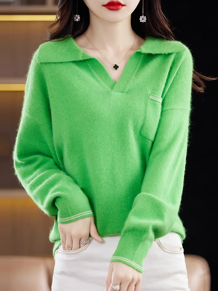 Women Cashmere Sweater Polo Collar Pullovers Autumn Winter 100% Mink Cashmere Knitwear Pockets Long Sleeve Female Clothing Tops