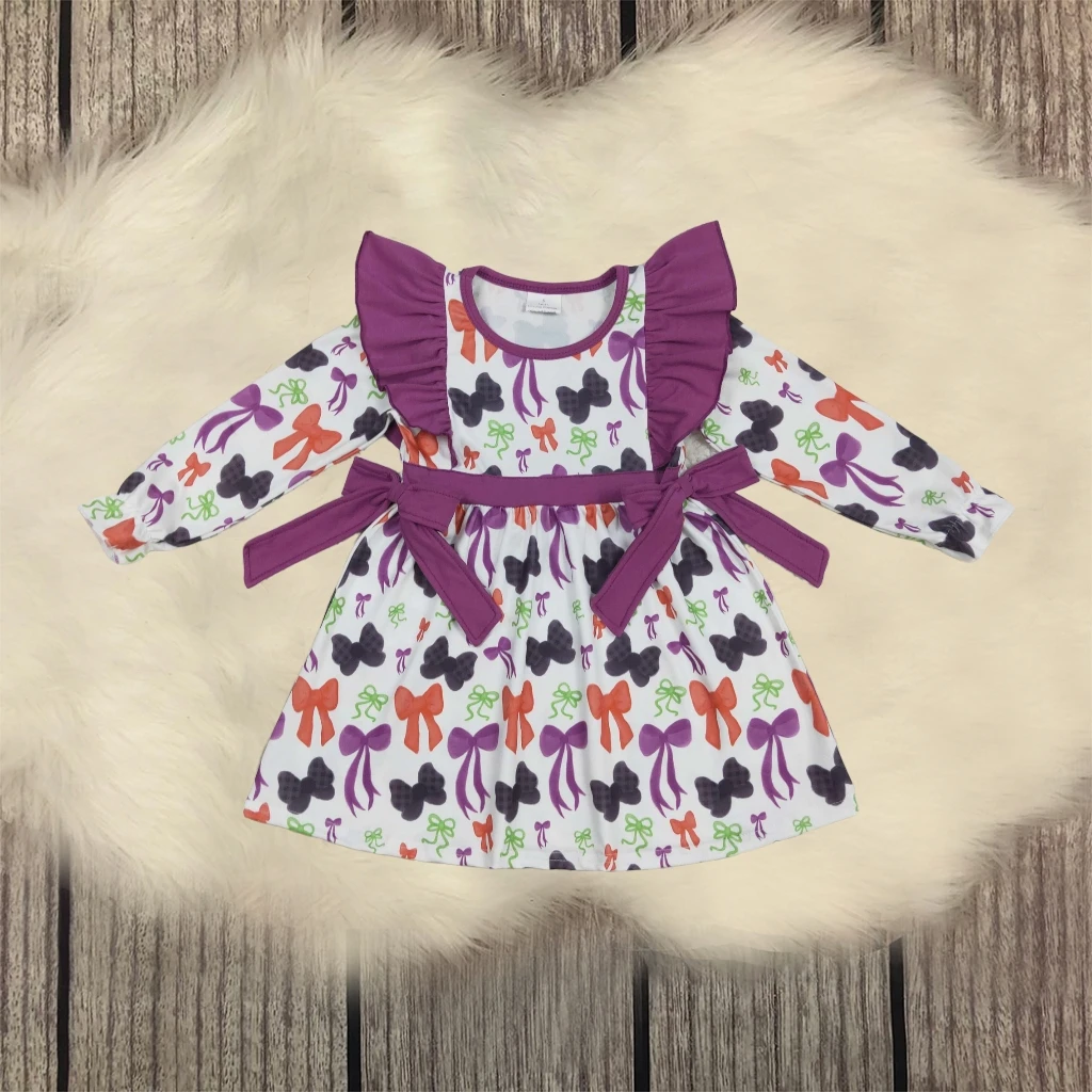

Baby Girl Dress Long Sleeve Children Halloween Bow Dresses Kids Infant Toddler Purple Ruffle Knee Length Dress Clothes Wholesale