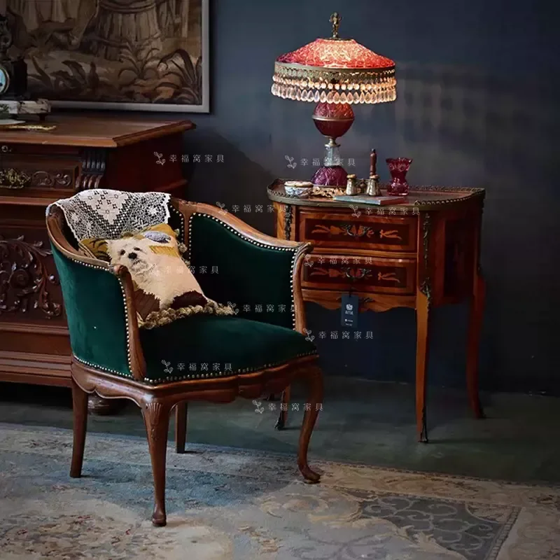 Solid Wood Antique Single Sofa Medieval Cafe Leisure Chair Carved Armchair Velvet Book Chair Makeup Chair