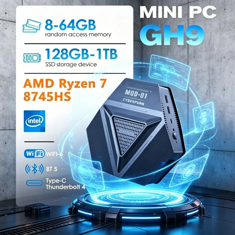 

Type-C Output Portable All-in-one Mini PC AMD Ryzen7 8745HS WIFI6 Dual DDR5 4USB3.2 2.5G LAN Mini PC For Home Office Video