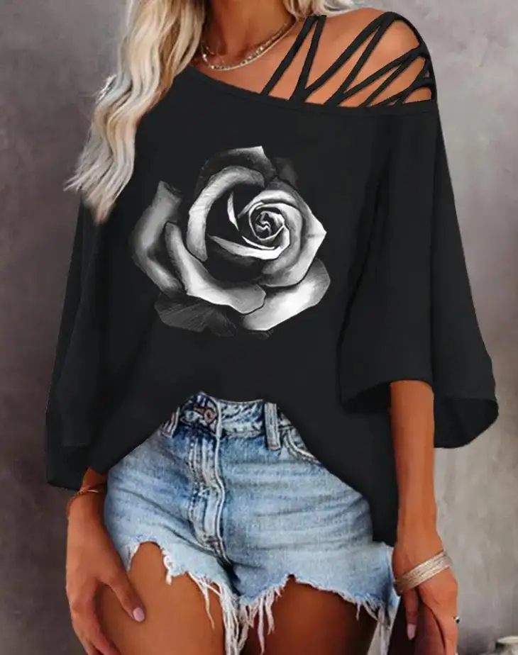 

Fashion Women Blouses 2024 Summer Rose Print Cold Shoulder Batwing Sleeve Top Personality Cutout Loose Fitting Top