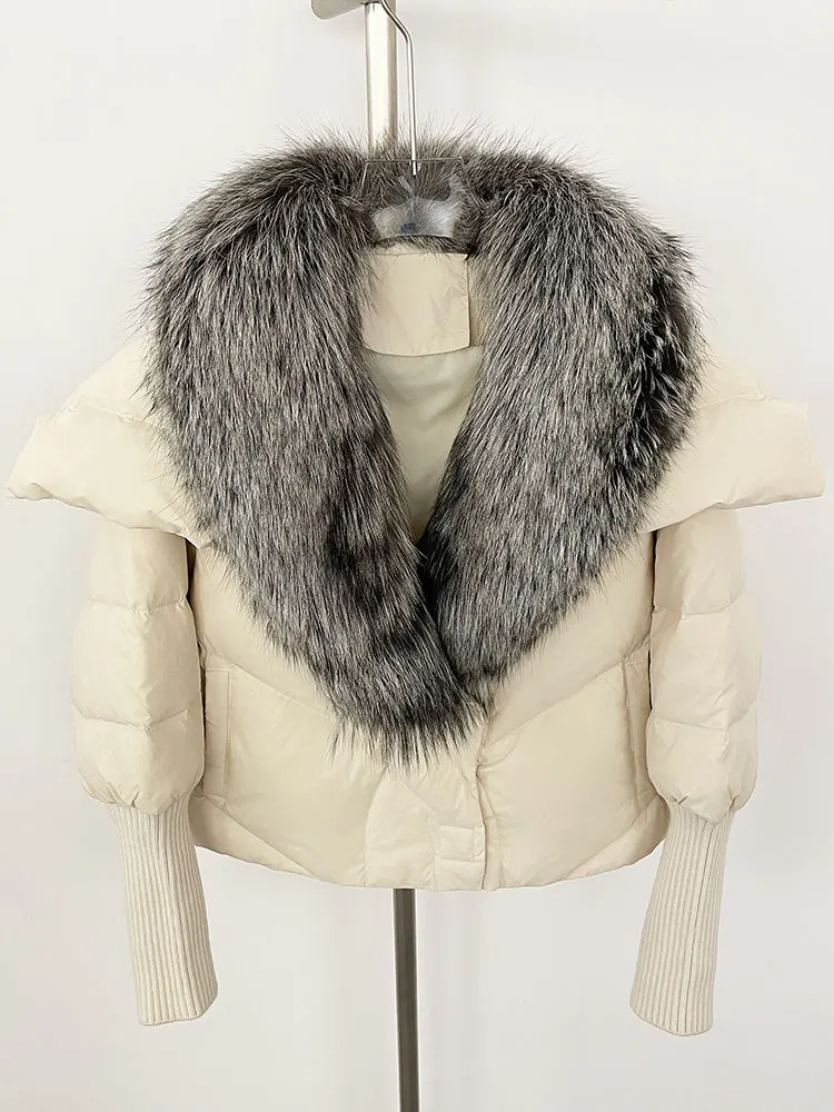 MENINA 2024 Winter Coat Women Real Natural Fox Fur Collar Thick Warm Short White Duck Down Casual Overwears Outerwear Streetwear