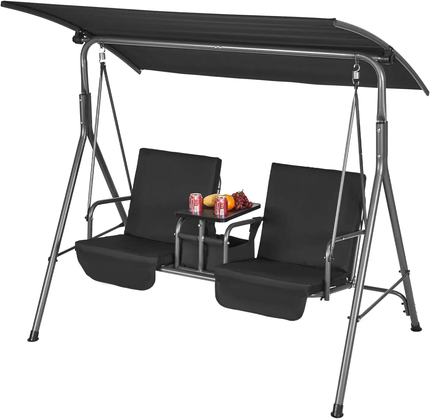 2-Seat Patio Swing Chair, Outdoor Patio Swing with Adjustable Canopy, Porch Swing with Storage Bag and Rotating Tray,