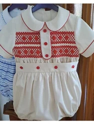 0-3Y Boy Summer Red Smocked Outfit Suit