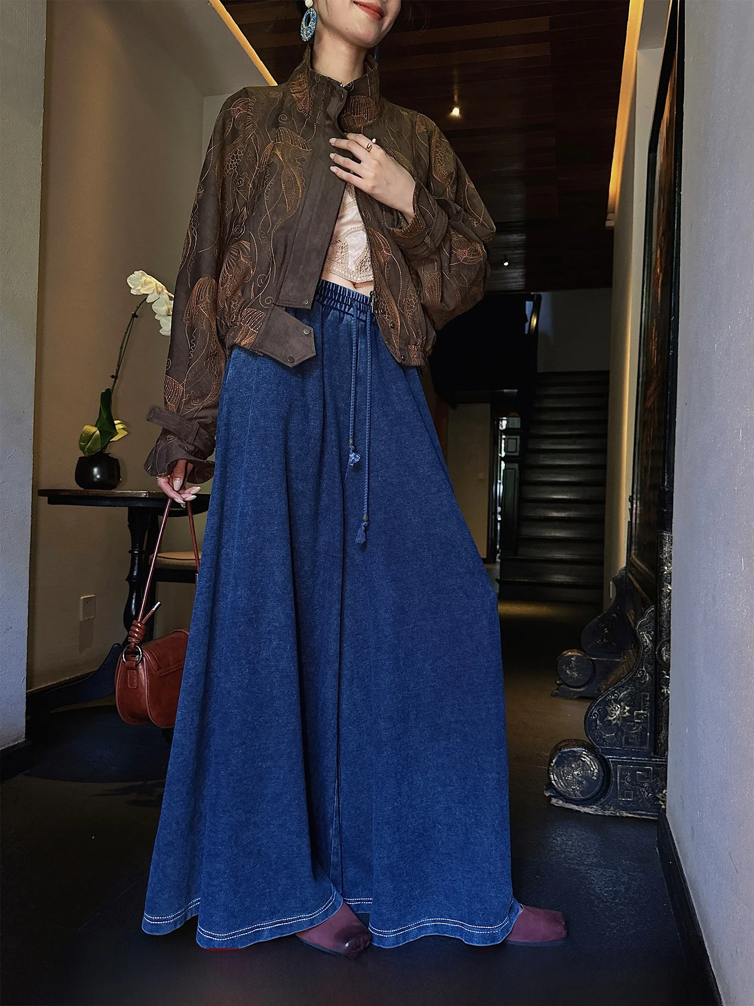 

Waed Knitted Wide Leg Pants Loose Casual Long Trousers Women's Sle Sanji Bla Flower 2025 New Arrival Comfortable Cotton