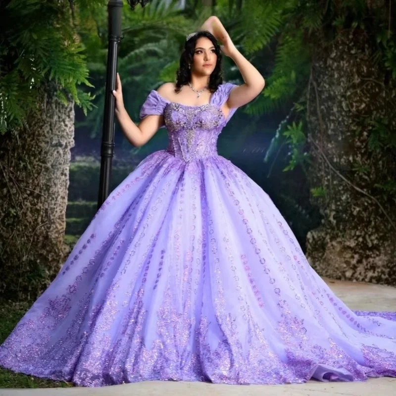 

Сиреневые платья Quinceanera, бальное платье с открытыми плечами, кружевное платье с бисером Sweet 16, 15 лет, по индивидуальному заказу