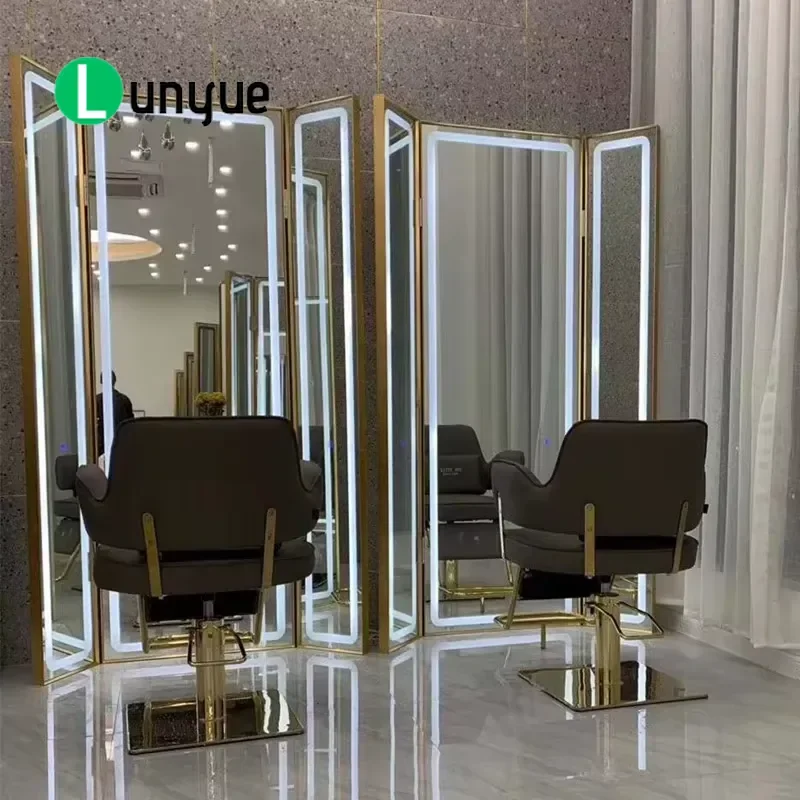 Furniture Barber Shop Mirror with LED Light Full Body Three-sided Floor Mirror Station for Hairdresser Beauty