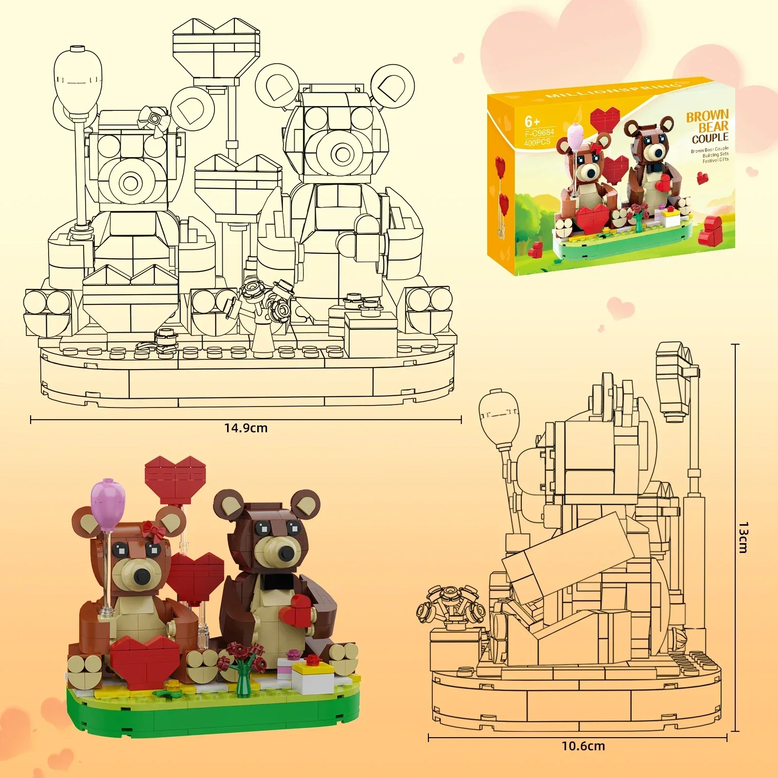 MOC San Valentino Romantico Orso Rosa Building Block Set Simpatici Animali Coppia Orso Bruno Modello Decorazione di Nozze Fai da Te Giocattoli Regali