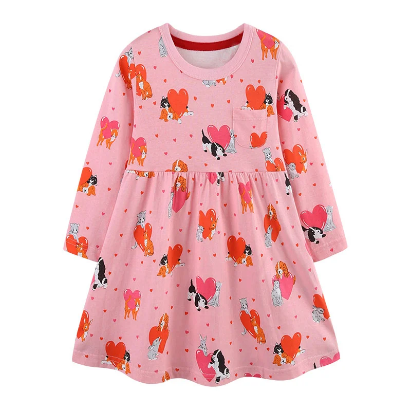 

Jumping Meters 2-7T Long Sleeve Girls Dresses Autumn Spring Hearts Cats Print Cotton Children's Clothes Baby Party Frocks