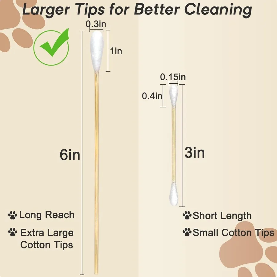 100개 대형 면봉 (반려동물 관리용) 6인치 길이 대나무 손잡이 전문가용 강아지 귀 청소 면봉 흡수력 좋은 대형 면봉