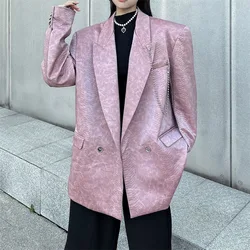 Women Faux Leather Jacket Loose Blazer Spring Autumn Pink Crocodile Print PU Leather Coat Female Chic Fashion Chain Outwear Tops