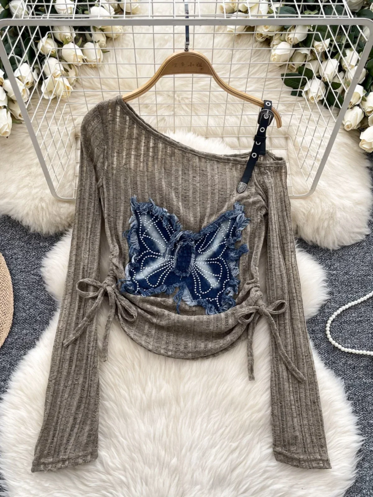 Foamlina Fashion Off-Shoulder Suspender Long Sleeve Knitted Sweater Women's Butterfly Embroidered One Side Strap Casual Top