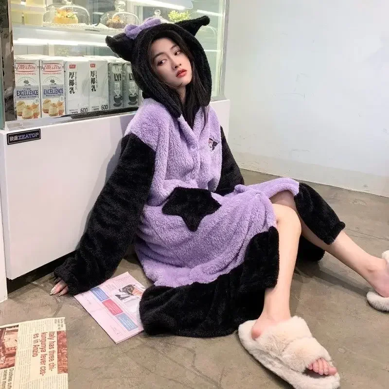 Sanrio Kuromi cute cartoon girl autumn and winter comfortable and soft wearable mid-length coral velvet warm home wear nightgown