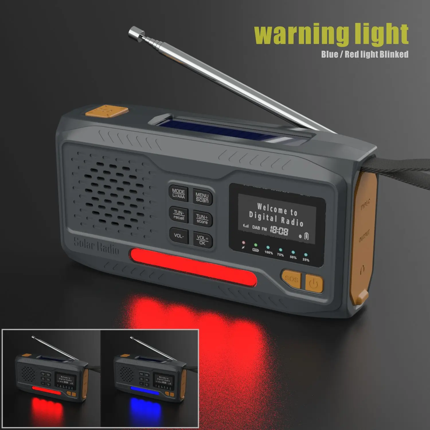 Radio Solaire Portable – DAB/FM, Bluetooth, Lecteur USB/carte SD, 1200 MAh, Haut-parleur 3W, Panneau Solaire