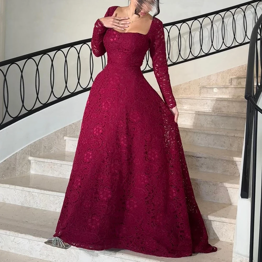 

Customized Classic Square Neck Pleats Lace Evening Dress Temperament A-Line Long Sleeves Photo Color Party Gown платье вечернее
