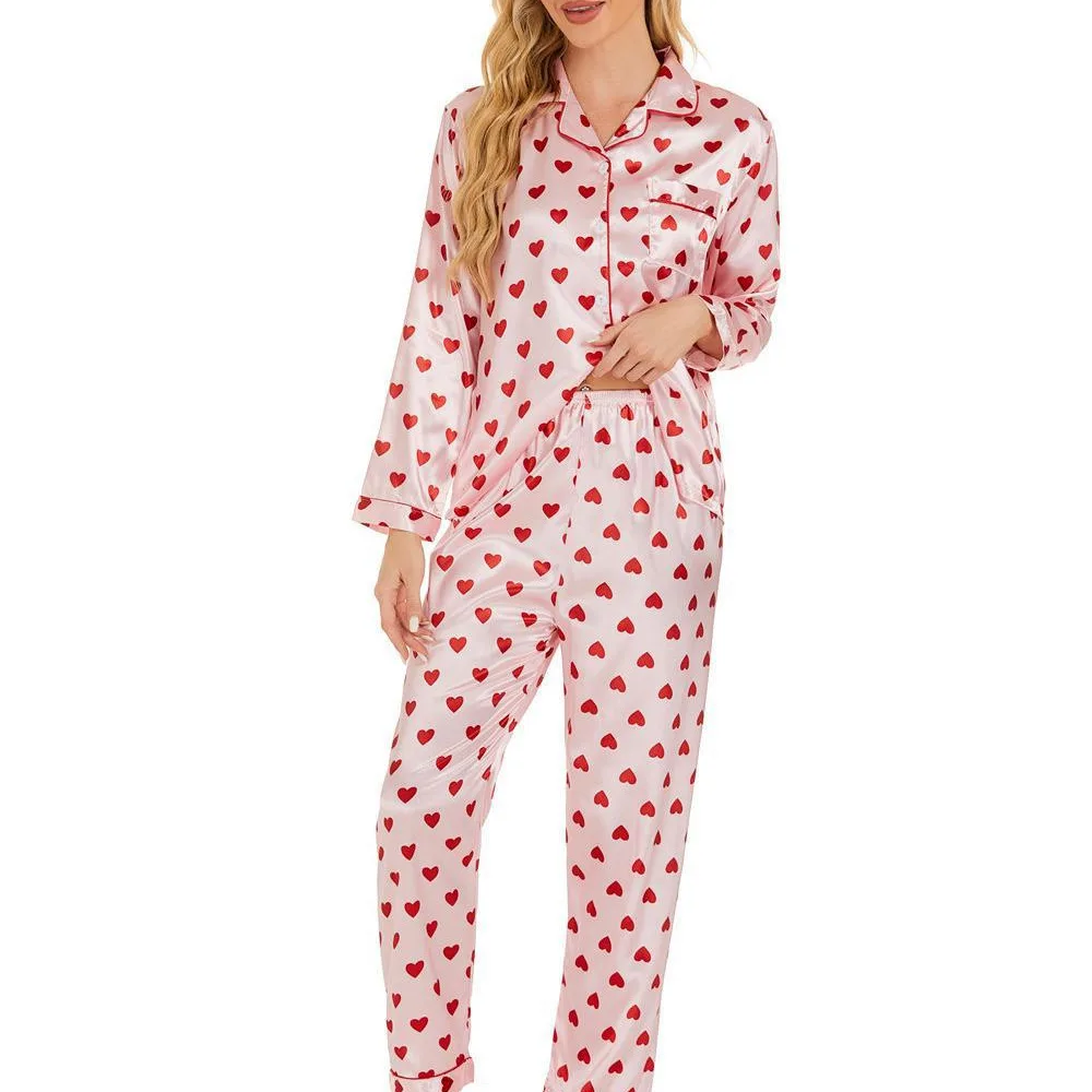 Women's Autumn and Winter Pajamas Set Heart Shape Leopard Print Long Sleeve Button Closure Top Satin Loose Home Clothes