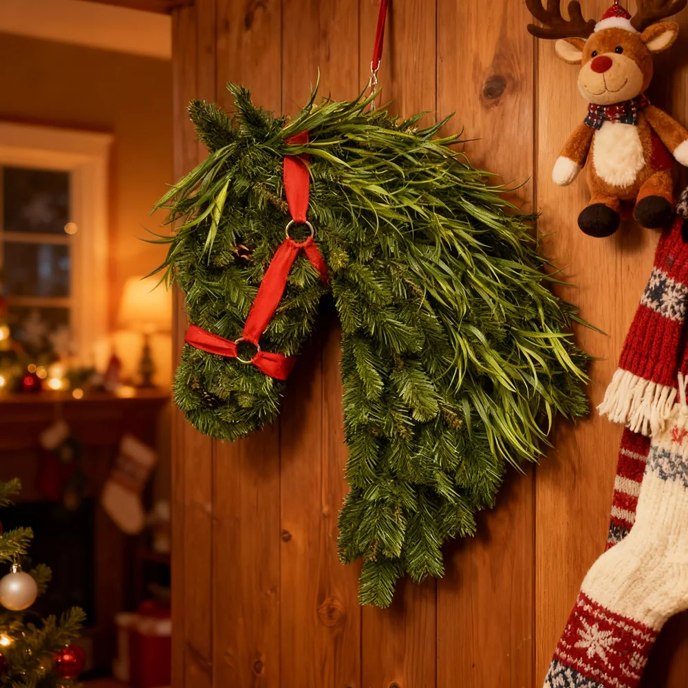 عيد الميلاد الحصان اكاليل ديكور للباب الأمامي الإبداعية مقلد عيد الميلاد الحصان رئيس جارلاند الاصطناعي إكليل ديكور المنزل لافتة للباب