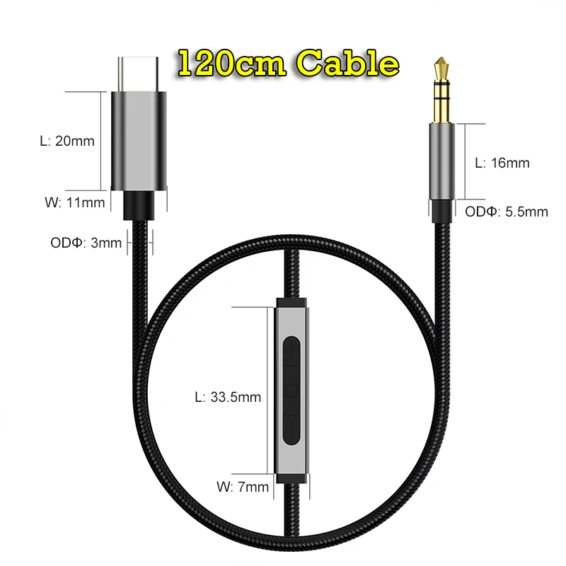 Type C to 3.5mm AUX 3.5 Jack Headphones Adapter Wire Audio Extension Cables Line Control Mic Connector for Xiaomi Samsung Huawei