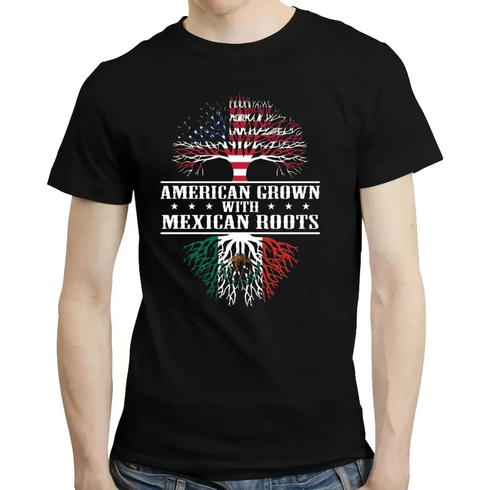 Mexico TShirts Mexico Gifts American Mexican Roots Cotton Tee-Shirt America and Mexico Flag Heritage Gift T-Shirt Tops