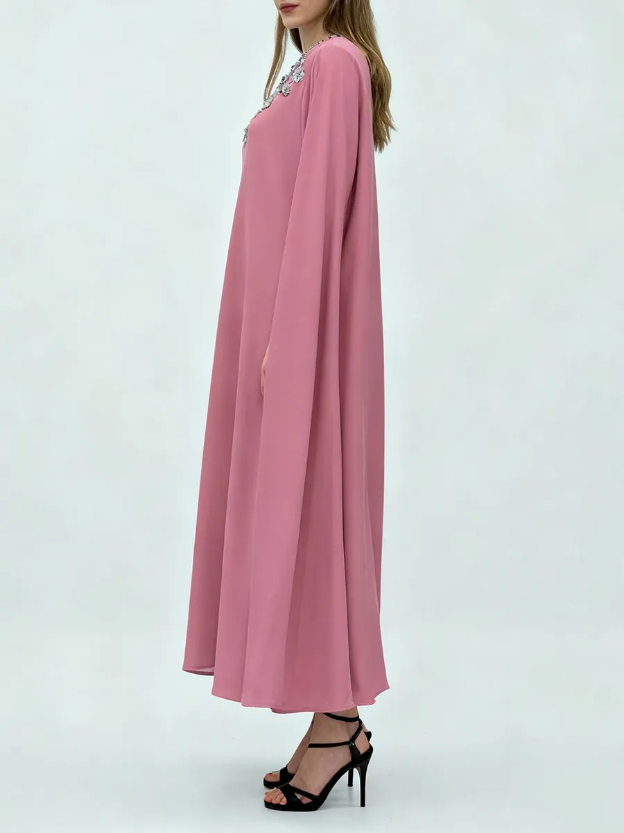 TWOTWINSTYLE Solid Loose Spliced Bead Temperament Long Dresses for Women Round Neck Sleeveless Elegant Dress Female Clothing New