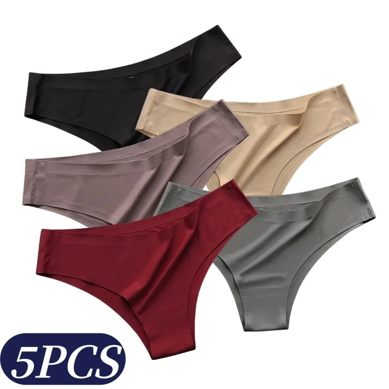 5-teiliges Set Damen-Eisseiden-Slips Nahtlose Unterwäsche mit Niedriger Taille Unsichtbare Slips Einfarbig Sexy Unsichtbare Intimates M-XL