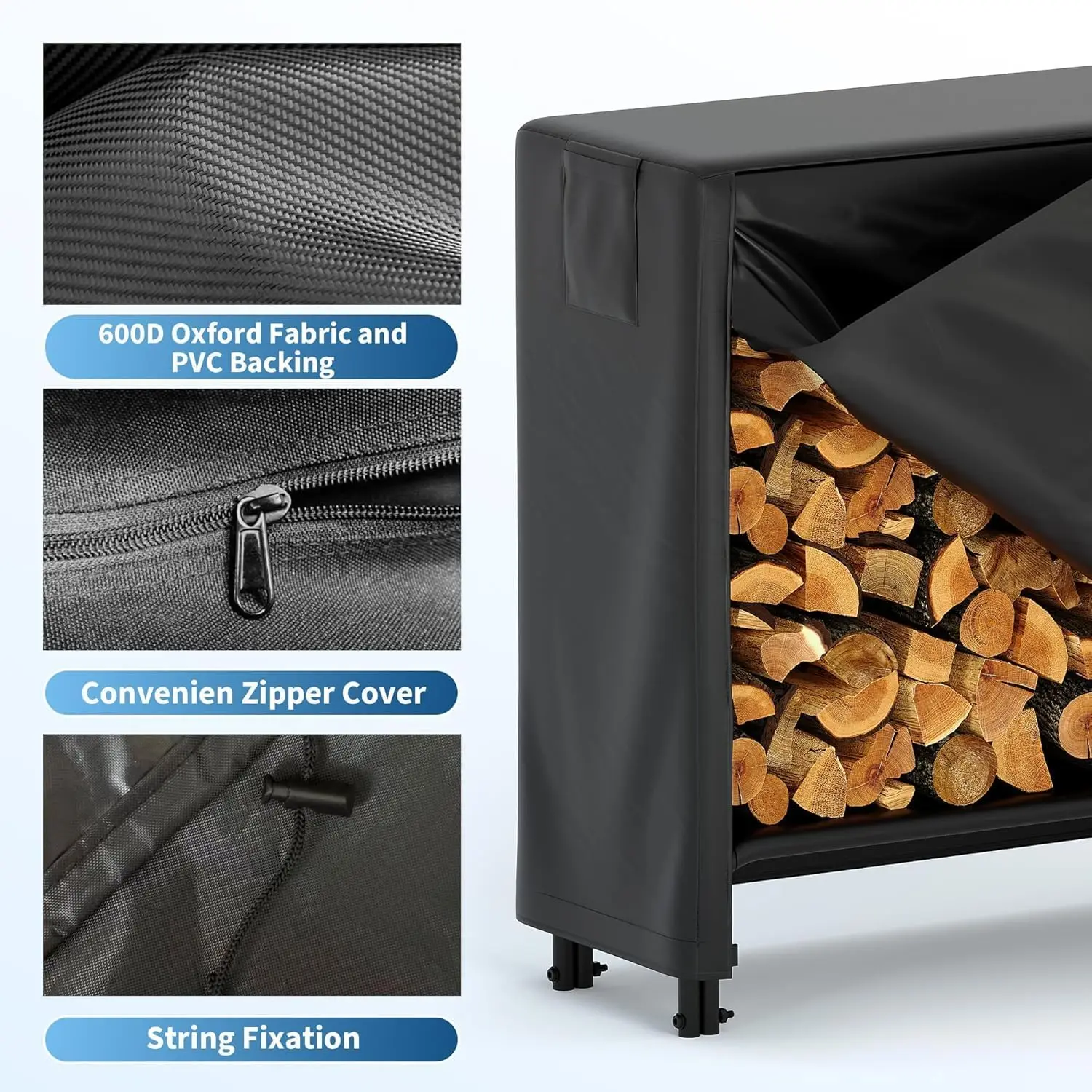 4FT 8FT Brennholz-Holzregal mit Abdeckung, schwarzer wasserdichter Oxford-Stoff mit Reißverschluss, robuste Holzlagerregale für Veranda, Pati – Detail 6