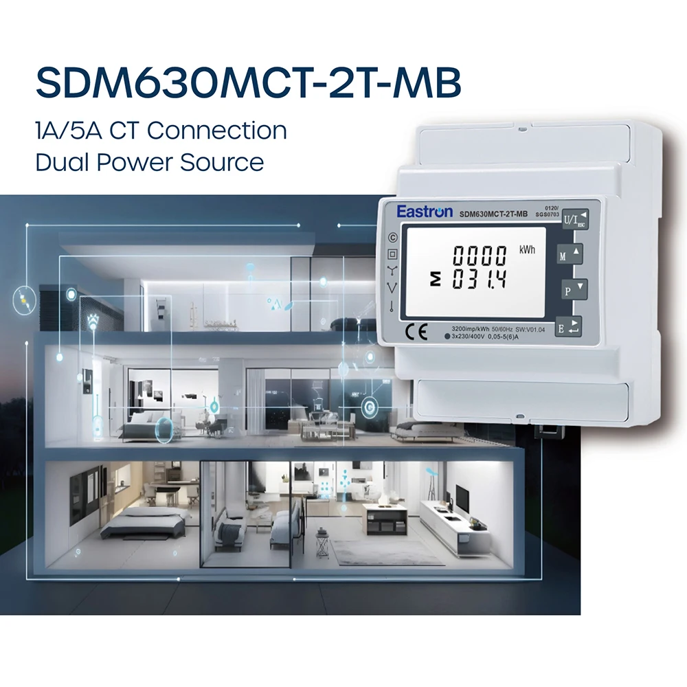 Eastron SDM630MCT-2T-MB الفئة C دقة CT & PT تعمل صناعة قياس الكهرباء 3P4W Mbus DIN السكك الحديدية السلطة متر