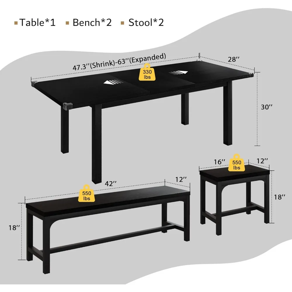 5-Piece Dining Table, 2 Benches and 2 Square Stools, Mid-Century Dinings Room Table with Metal Frame & Board, Dining Room Sets