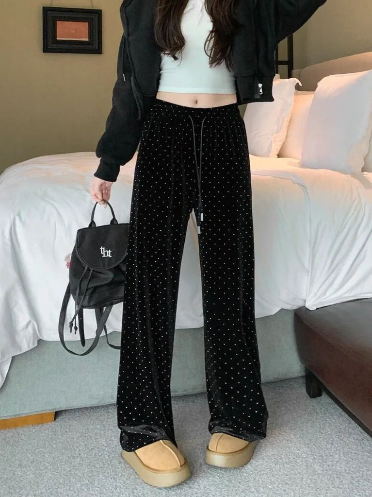 Velvet hot diamond loose straight casual pants for women drapey drawstring polka dot wide leg pants for women