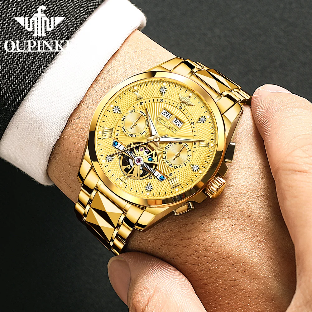 OUPINKE 3270 Official Genuine Men's Watches Skeleton Flywheel Luxury Brand Automatic Mechanical Watch for Men Swiss Certificated