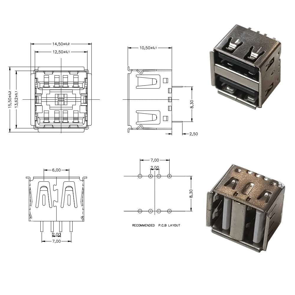 5PCS Female Dual USB 2.0 Jack 180 Degree 8PIN DIP Computer Charging Socket Length 10.5MM USB Connector Black White Curled Mouth