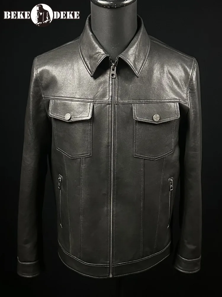 

Fashion Leisure Turn Down Collar Long Sleeves Genuine Leather Jacket Solid Color Male Zipper Comfortable Cowhide Outerwear