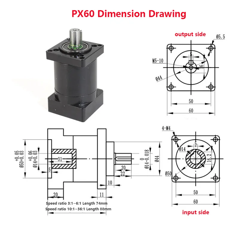 PX80/PX60 Planetary Gear Reducer for Servo Motors Reduces Speed and Increases Torque Ratio3 to 30 Low Noise for CNC Machine