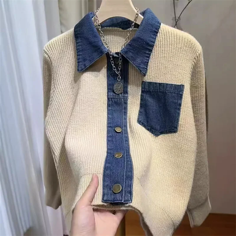 High Quality Design Sense Polo Neck Denim Stitching Sweater Cardigan Women Autumn Winter 2024 New Loose Fashion Female Sweater