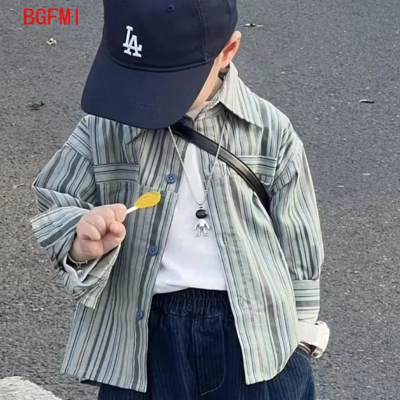 Kid Boy Spring Autumn Suit 2024 New Korean Handsome Baby Fashion Corduroy Striped Shirt and Pants Clothes Two Piece Set Outfits