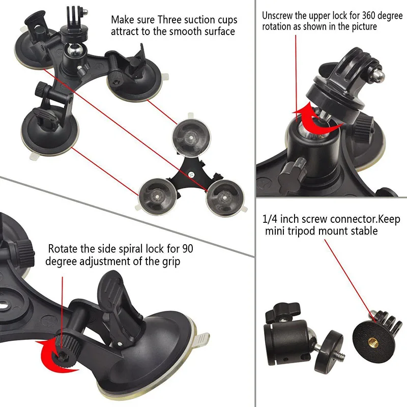 Triple Suction Cup Mounts For Hero 3+ /4 /5  For Go Pro HD Camera For GOPRO Triangular Suction Cup Accessories