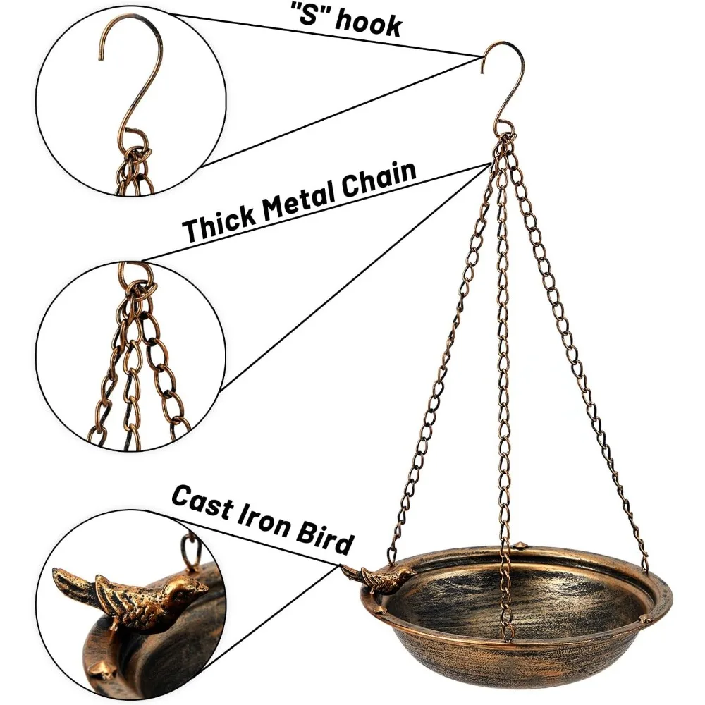 Baños de pájaros colgantes de metal para exteriores, comedero para pájaros al aire libre, patio, decoración de patio, jardín (oro)