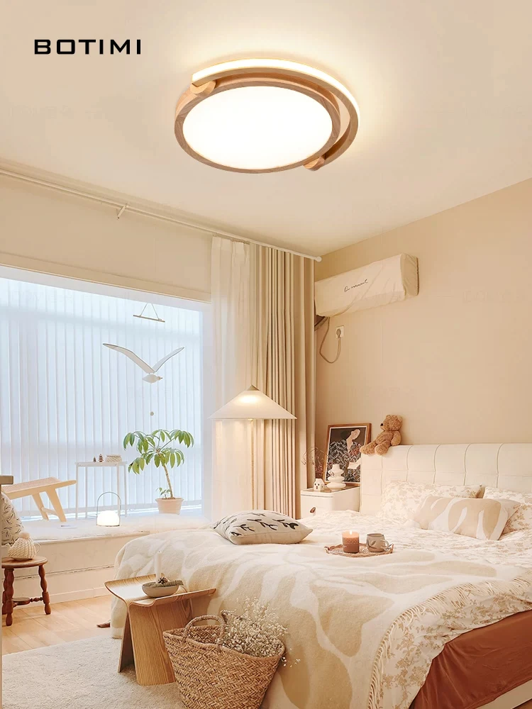 

BOTIMI Designer Solid Wood LED Ceiling Light With Remote Contral For Bedroom Wooden Ceiling Mounted Rooms Lighting Fixtures