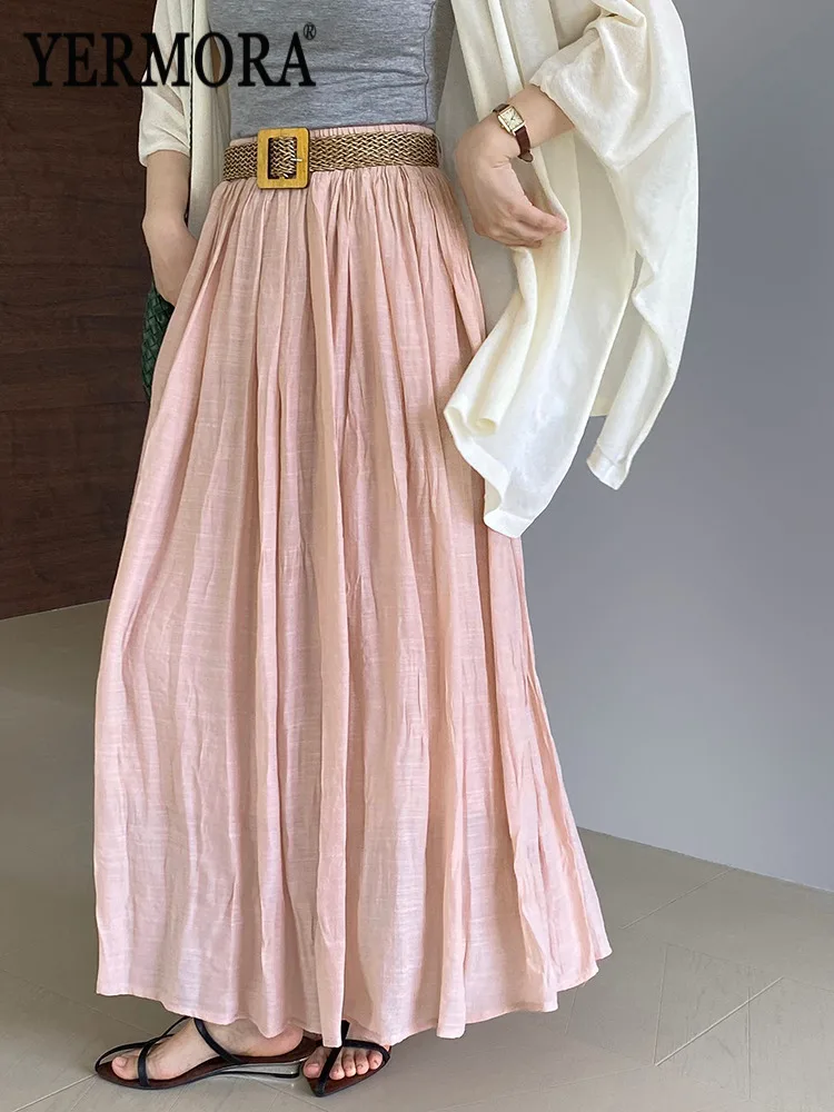 

YERMORA Розовая плиссированная юбка с высокой эластичной талией и поясом, повседневная, свободного кроя, модная, весна-лето 2026