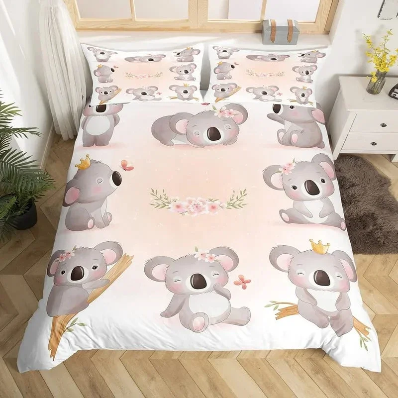 3D Koala Duvet Cover Set Microfiber Cartoon Leaves Boys Bear Australian Wildlife Themed Bedding Set Queen Size Comforter Cover